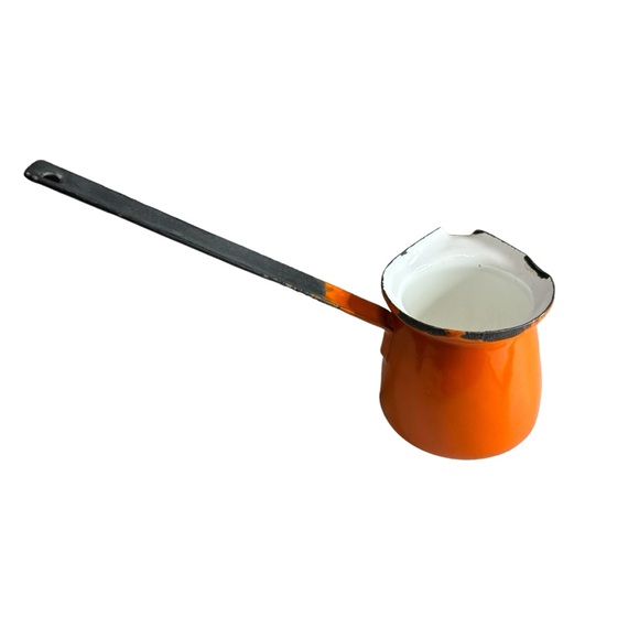 Vintage Enamelware Melting Pot Orange White Distressed 2.4”x2.4” Handle is 4.7” - Picture 3 of 10